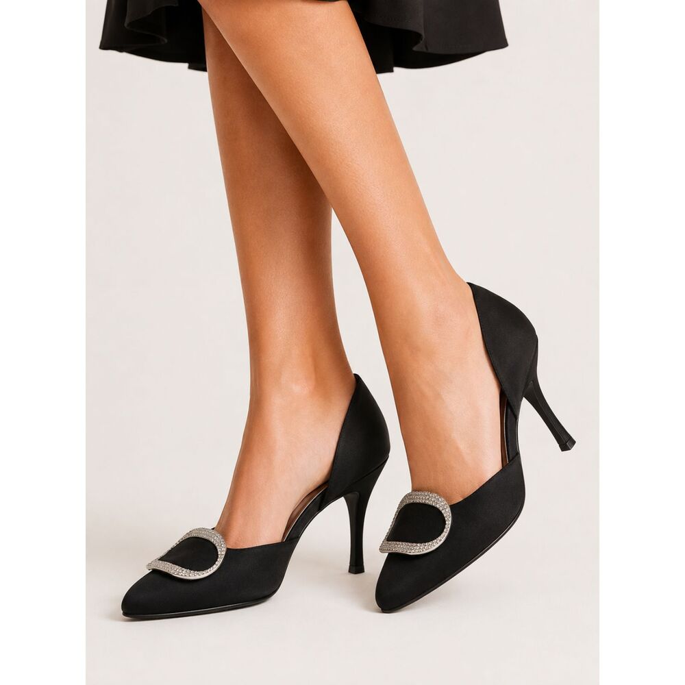 Stuart Weitzman Black Satin Rhinestone Buckle D'Orsay Heels Pumps 9M Y2K